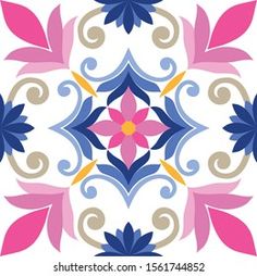 an abstract floral design in blue, pink and yellow