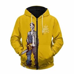 a yellow zip up hoodie with a drawing of a man holding a large knife