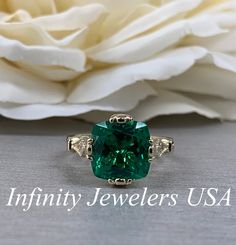 Cushion cut emerald and diamond ladies ring, 5.00ctw 14k yellow gold engagement ring, #5975 #AnniversaryRing #HolidayGift #MothersDay #AnniversaryGift #BridalJewelry #VintageEngagement #BirthdayGift #EngagementRings #CushionEngagement #WeddingRing Elegant Gia Certified Trillion Cut Emerald Ring, Elegant Trillion Cut Gia Certified Emerald Ring, Formal Trillion Cut Emerald Ring, Elegant Green Trillion Cut Diamond Ring, Green Diamond Rings With Trillion Cut, Gia Certified Trillion Cut Emerald Ring For Anniversary, Emerald Jewelry With Trillion Brilliant Cut, Trillion Cut Green Emerald Ring With Prong Setting, Trillion Cut Brilliant Emerald Jewelry