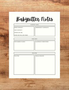 the babysith notes printable is shown on a wooden surface