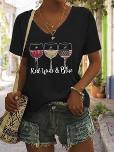 Blue & White Wine Of American Flag To Celebrate the 4th July 2022 Short Sleeve Casual Graphic T-shirt Black Tops With Flag Print For Summer, Black Flag Print Top For Summer, Blue Tops With Letter Print For Independence Day, Blue Letter Print Top For Independence Day, Blue Independence Day Top With Letter Print, Black Patriotic Summer T-shirt, Independence Day Blue Tops With Letter Print, Patriotic Black T-shirt For Summer, Black Patriotic T-shirt For Summer