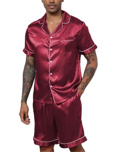 PRICES MAY VARY. PREMIUM SILK STAIN: The Mens Pajama Set is a Super-Soft, Lightweight, Breathable, and Versatile Fabric, Providing Ultimate Comfort in The Lounge and Sleeping Time. Enjoy The Silk-Like Feel of Satin Fabric in This Classic Satin Pajama Set for Men. FEATURES - Mens Silk Pajamas Set with Long Sleeved Button-Down Top and Elastic Waist Pants, Easy to Put on and Off. Classic Notch Collar, Chest Pocket Lend Sophisticated Detail. Sleepwear With Pockets to Place Your Phone and Wallet. Sat Mens Silk Pajamas, Two Piece Loungewear, Silk Pajamas Set, Mens Pajama, Satin Pajamas Set, Satin Pajama, Mens Pajamas Set, Silk Pajama Set, Night Suit