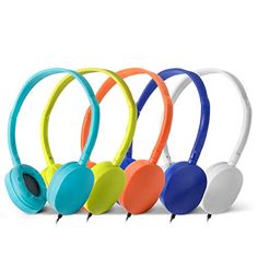 headphones are lined up in different colors and sizes, with the price tag below them