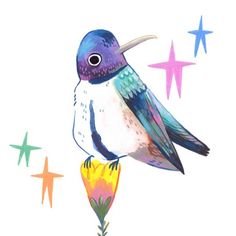 a colorful bird sitting on top of a flower with stars in the sky behind it