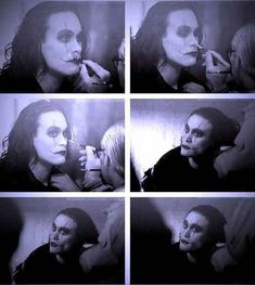 the woman is getting her make - up done in black and white photo collage