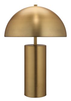 a brass colored table lamp with a large dome shade on the top, and a metal base