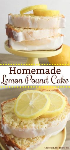 homemade lemon pound cake on a yellow plate with lemons and the words homemade lemon pound cake