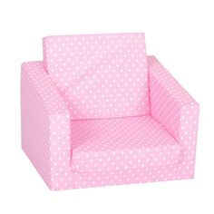 a pink chair with white polka dots on it