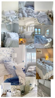 many different pictures of a bed with white and blue comforters on top of it