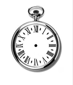 a silver pocket watch with roman numerals on the face is shown against a white background