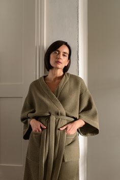 For those who seek to create their own home spa experience, this robe makes your morning and evening rituals more pleasurable. Minimalist, breathable, and absorbent, it features a delightful waffle texture. Treat the special women in your life with this thoughtful gift--ideal for wives, girlfriends, moms, sisters, or step mothers; a gift that conveys the sense that you've given it careful consideration. * Boxy fit * Three-quarter length kimono sleeves * Wrap tie belt * With belt loops * With fro Robe For Women, Evening Rituals, Matching Robes, Kimono Sleeves, Womens Robes, Waffle Weave, Kimono Sleeve, Moss Green, Cotton Towels