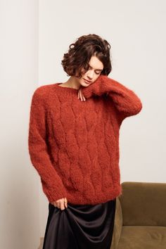 "Сable knit fluffy women pullover wiht round neck. IN THE PHONO COL 19 Product Details: * 100% hand knit * 75% alpaca, 25% merino wool. Regular fit. Size: S(4-6) M(8-10) L(12-14) S Width : 48 cm Length: 58/60 cm M Width : 52/54 cm Length: 60 cm L Width : 56 cm Length: 65 cm XL Width : 60cm Length: 65 cm Please let me know your size. It is made for order. If you would like me in other size, you could request a custom order with your own parameters: your height, bust and length of the sweater from Fall Mohair Cable Knit Sweater, Alpaca Crew Neck Sweater In Chunky Knit, Soft Knit Alpaca Sweater For Fall, Alpaca Chunky Knit Crew Neck Sweater, Mohair Sweater With Soft Knit And Crew Neck, Alpaca Crew Neck Sweater With Chunky Knit, Soft Knit Mohair Crew Neck Sweater, Cozy Mohair Crew Neck Sweater, Mohair Crew Neck Soft Knit Sweater