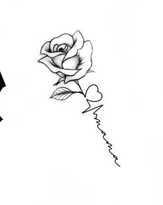 a black and white drawing of a rose with the word love written in cursive writing