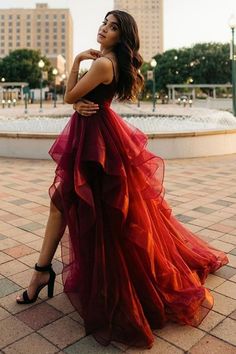 High Low Burgundy Tulle Long Prom Dress, Wine Red High Low Formal Evening Dress Prom Dress Ruffles, High Low Dress Formal, Burgundy Evening Dress, Dress Ruffles, High Low Prom Dresses, Burgundy Prom Dress, Red High, Tulle Prom Dress