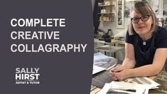 a woman sitting at a table in front of some pictures and papers with the words complete creative