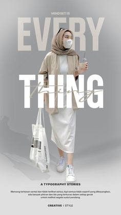 a woman in a white dress holding shopping bags and wearing a face mask with the words every thing on it