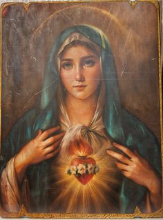 a painting of the virgin mary holding a heart