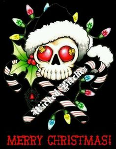 a merry christmas card with a skull and candy canes