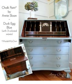 an old dresser painted blue with chalk paint by annie sloan - duck egg and 3 colored waxed drawers