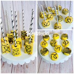 yellow cake pops decorated with smiley faces and black and white striped straws on a plate