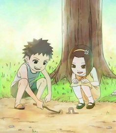 two anime characters sitting in front of a tree and one is looking at the ground