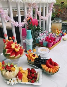 a table topped with lots of fruit and watermelon on top of white plates