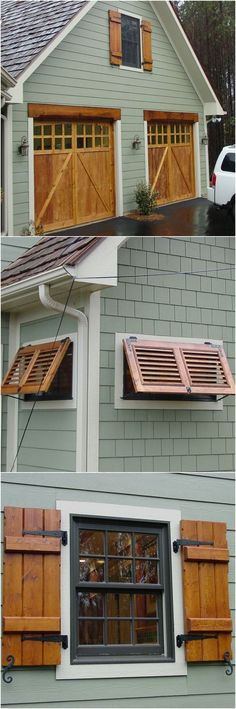 the side of a gray house with wooden shutters and windows on each window sill