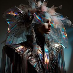 a woman's head is covered with holographics and fringed feathers