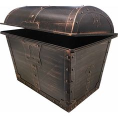 an old trunk is shown with the lid open