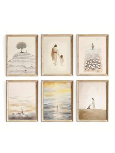 four framed paintings with people and animals on them