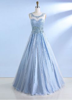 A-Line Bateau Light Sky Blue Tulle Open Back