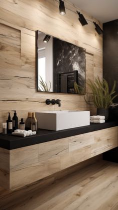 a modern bathroom with wood paneling and black accents