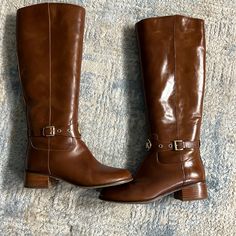 Brown Leather Boots 1.5” Heels And 17” Sole To Top Good Trim On Belt At Ankle Michael Kors Boots, Brown Leather Boots, Michael Kors Shoes, Boot Shop, Shoes Heels Boots, Riding Boots, Shoes Women Heels, Leather Boots, Heeled Boots