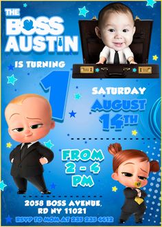 Fantastic The Boss Baby Family Business Birthday Invitation with a free backside included. Personalized digital invite for your baby boy's birthday. Baby Birthday Invitation Card, Happy Birthday Boss, The Boss Baby, Baby First Birthday Themes, Business Birthday, Baby Birthday Invitations, Boss Birthday, Baby Boss