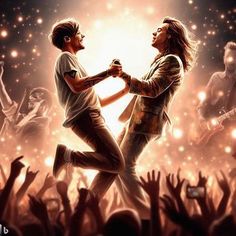 two people dancing in front of a crowd with their arms around each other and lights shining on them