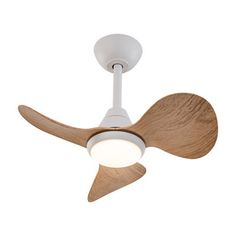 a white ceiling fan with wooden blades and a light on the blade is shown in front of a white background