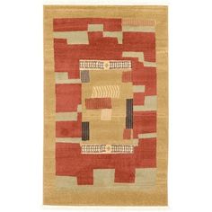 a yellow and red area rug with squares on the bottom, square shapes in different colors