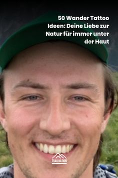 a man wearing a green hat and smiling for the camera with words above his head