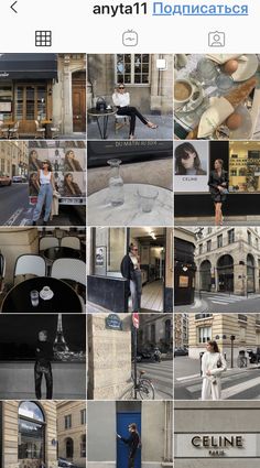 the collage shows many different photos and people in front of buildings, with one person standing