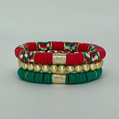 This is the perfect festive Christmas themed Stack. It’s so much fun just stack away with many other Christmas options. Bracelets are “one size fits most” and are designed to fit wrists up to 7.0”. ﻿ *Bracelets usually ship within 3-5 business days. Please be aware that due to the unique and handmade nature of each product, color, shapes, and bead sizes may vary slightly from the photos and description. Christmas Heishi Bracelet, Christmas Clay Bead Bracelets, Christmas Beaded Bracelets, Christmas Bracelet Ideas, Swiftie Bracelets, Perle Plate, Heishi Bracelets