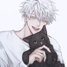 a man with white hair holding a black cat