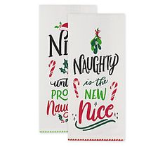 two christmas napkins with the words ni, nauhty and new nice on them