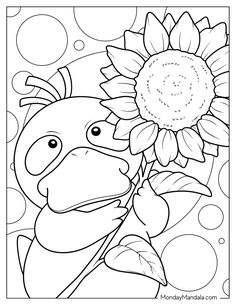 a coloring page with a cartoon character holding a sunflower in front of polka dots