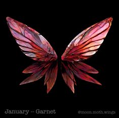 the wings of a pink butterfly are reflected in the water on a black background with words january - garnet moonwings