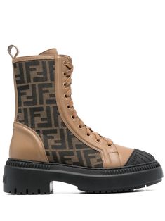 monogram lace-up boots from FENDI featuring brown, calf leather, signature FF-pattern print, embossed logo to the rear, round toe, front lace-up fastening and side zip fastening.Heel 2 in / 5 cm Fendi Shoes, Biker Boots, Brown Leather Boots, Sneaker Heels, Leather Gloves, Embossed Logo, Leather Accessories, Brown Boots, Lanvin