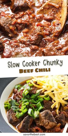 slow cooker chunk beef chili with cheese and green onions in a white bowl next to the recipe