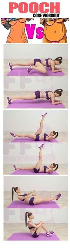 a woman doing an exercise on a mat with the words pooch vs core workout