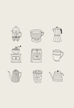 various types of teapots and kettles drawn in black ink on a white background