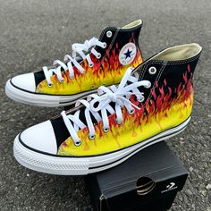 custom flames converse high top shoes High Top Sneakers Men, Chuck Taylor Shoes, High Top Chucks, Converse High Top, Black High Top Converse, Halloween Shoes, Nike Converse, Converse Run, High Top Converse