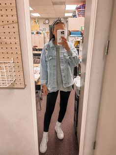 How To Style Jean Jacket Winter, Denim Jacket Over Dress Outfit, Jean Jacket Teacher Outfit, Teacher Outfits With Nike Sneakers, Teacher Aide Outfits Middle School, Over Sized Jean Jacket Outfits Fall, Headstart Teacher Outfits, Teacher Outfit With Leggings, Teacher Outfit No Jeans